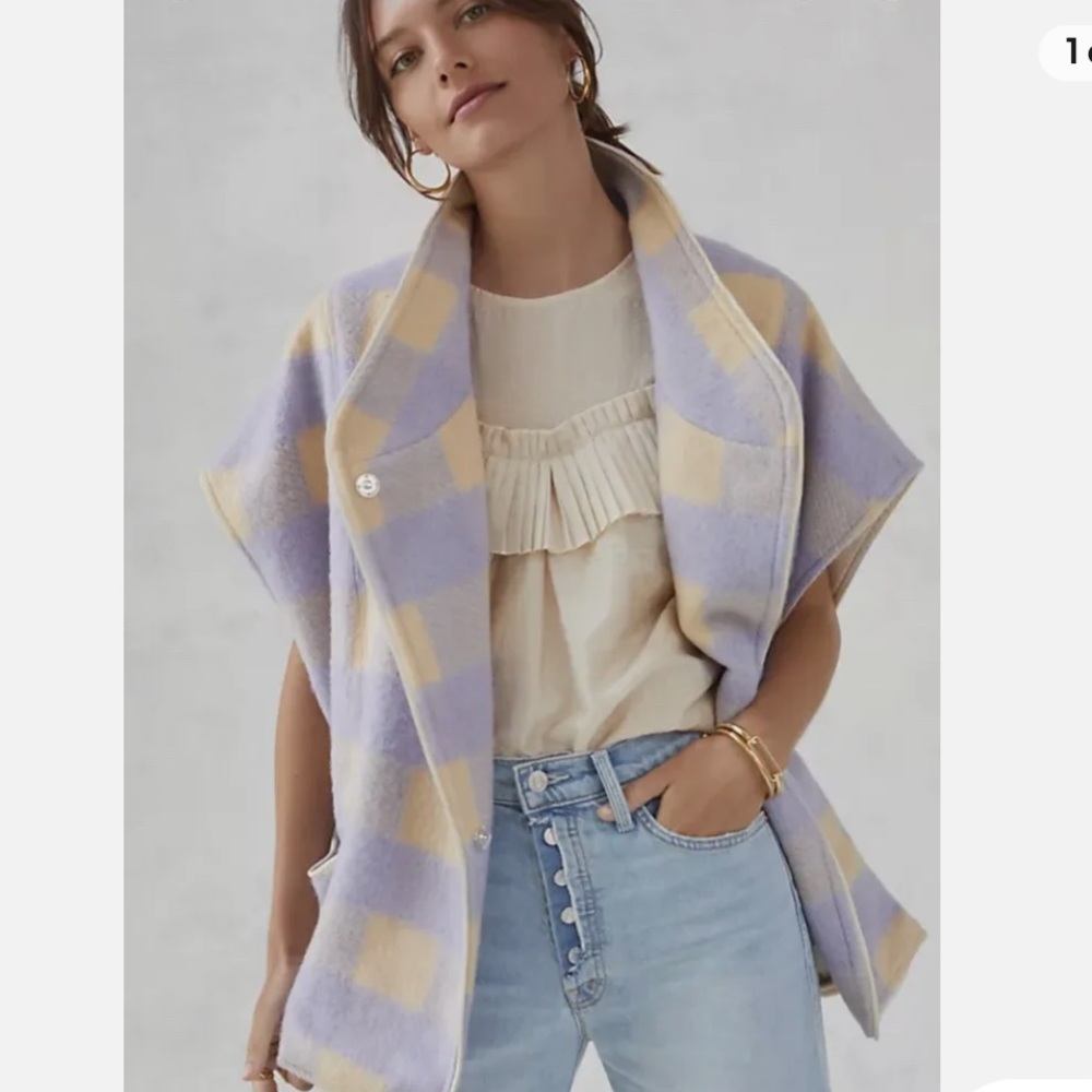 Anderson &‎ Lauth Anthropologie Periwinkle Cream Plaid Gingham Capelet Vest